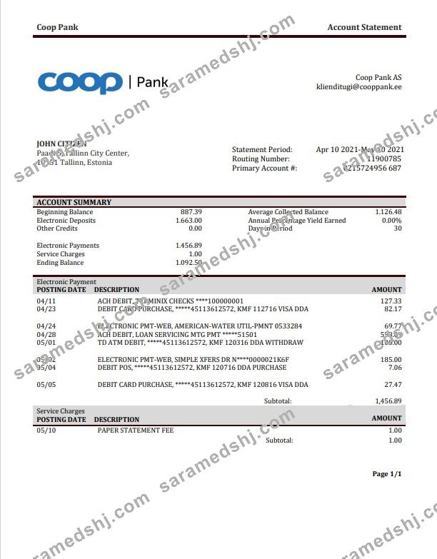 Estonia Coop Pank proof of address bank statement template in Word and PDF format